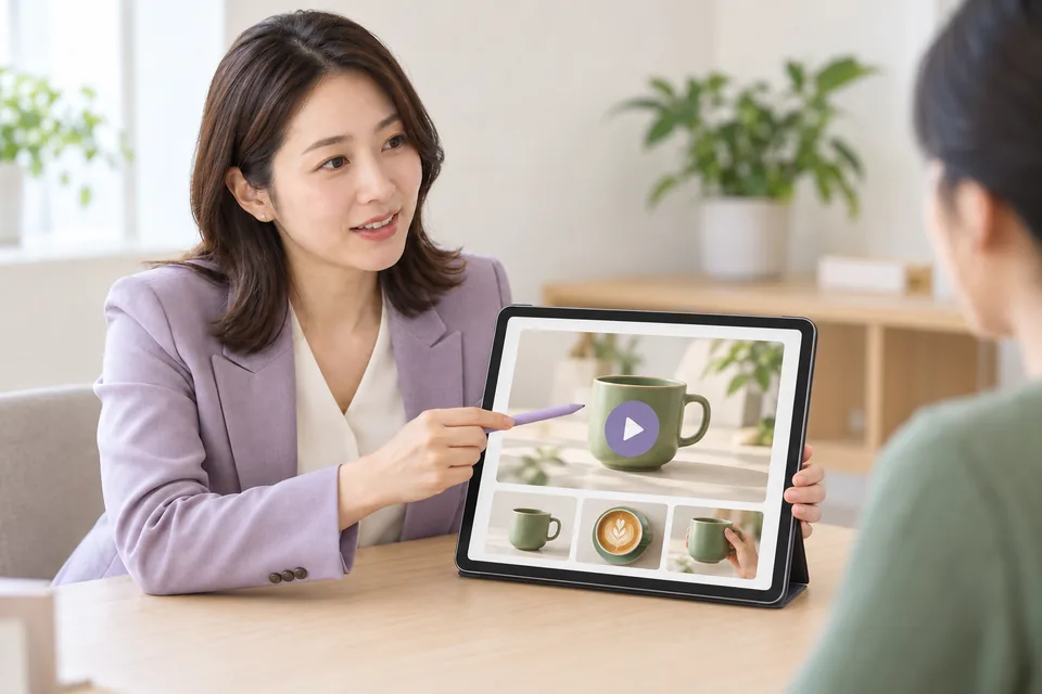 태블릿으로 상품 영상과 사진 콘텐츠를 보여 주는 상담 장면