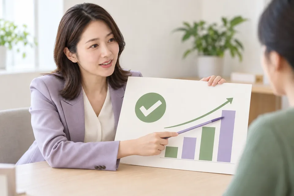 확인 표시와 오르는 그래프를 보여 주는 상담 장면