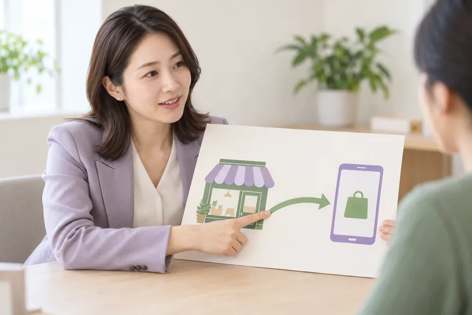 매장에서 휴대폰 주문으로 이어지는 판매 채널을 설명하는 상담 장면